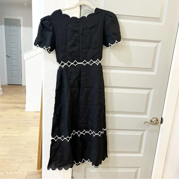 New Farm Rio Scalloped Cutout Linen Euroflax Maxi Dress Black White